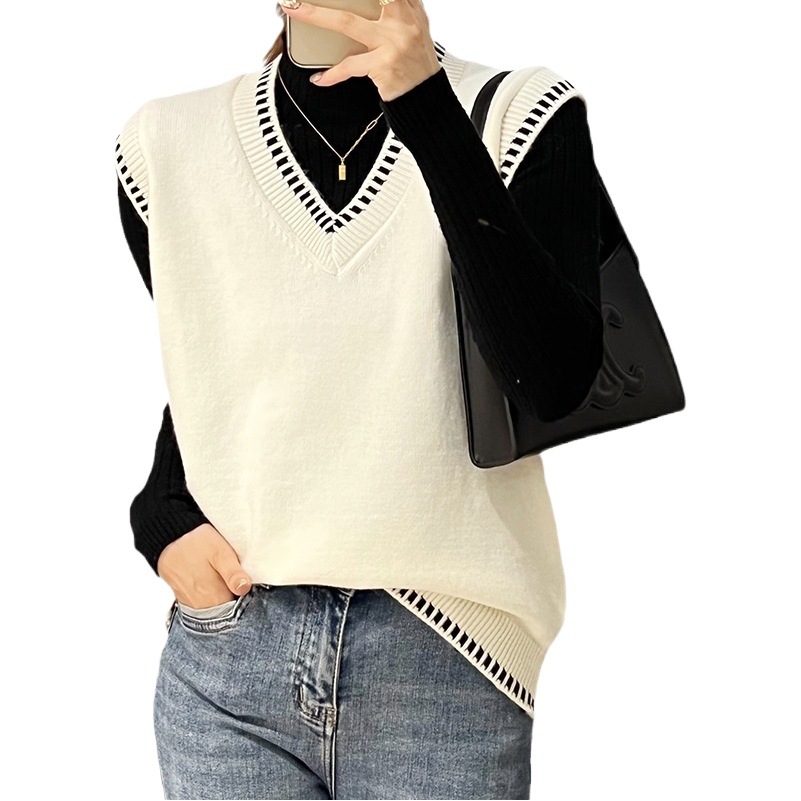 Chaleco de Otoño e Invierno para mujer 2023 nuevo suéter suelto con cuello en V con camisa negra dentro del suéter