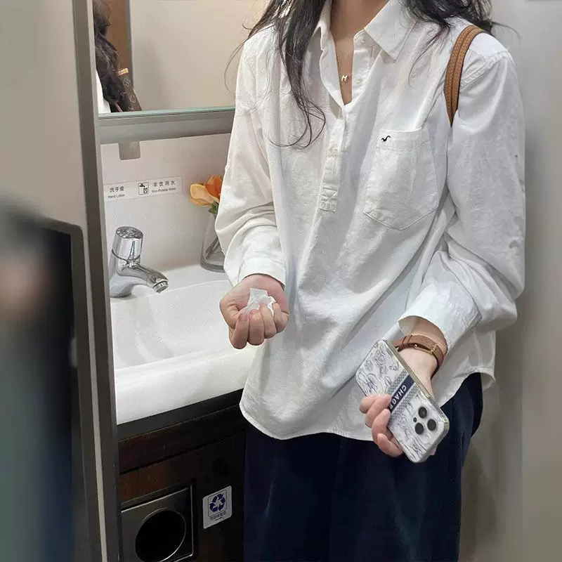 纯棉白色polo衬衫女新款春秋季法式高级感小众长袖慵懒风上衣外套
