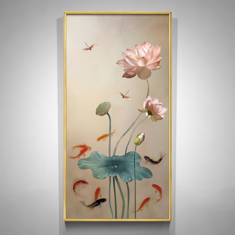蓮と魚の絵スプレー油絵玄関装飾絵画垂直バージョン新中国風のリビングルームライト高級ハイエンド吊り絵画|undefined