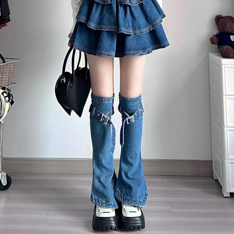 千禧辣妹牛仔復古設計感襪套綁帶喇叭堆堆襪亞文化潮顯瘦y2k腿套