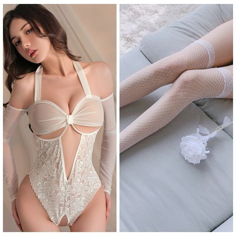 흰색 점프수트(소매 포함) + 흰색 망사스타킹