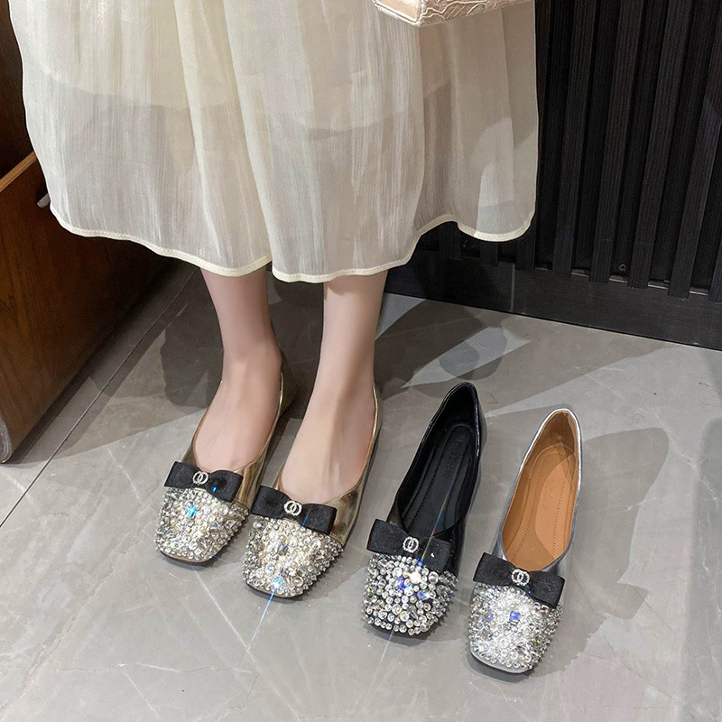 Женские туфли-балетки в стиле Chanel с камнями, французский элегантный дизайн, со скрытым увеличением роста, новая модель 2025 года, большие размеры.