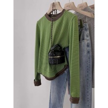 奥特莱斯~早秋新款美式复古撞色条纹长袖t恤女宽松休闲百搭上衣服