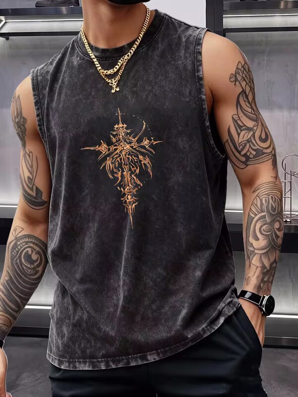 2026 New Vintage Washed Men's Vest with Cross Print, Loose Sleeveless T-shirt, Hip-hop Street Casual Wear