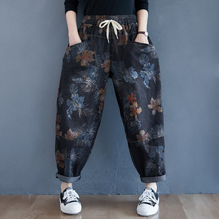 Real shot 2022 autumn and winter literary retro printing loose plus size printing Harlan broad radish trousers