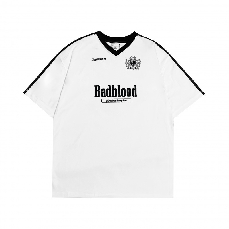 韓国トレンドブランドbadblood刺繍文字Vネック半袖Tシャツレディースyeri同スタイルアメリカンルーズレトロトップス|undefined