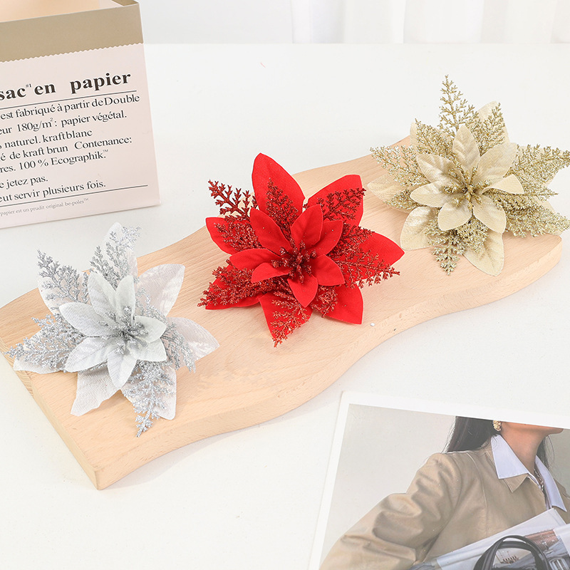 模擬クリスマスフラワー、ポインセチアの花頭、クリスマスツリーの装飾、シルクフラワー頭、国境を越えて人気の二層金粉フラワー|undefined