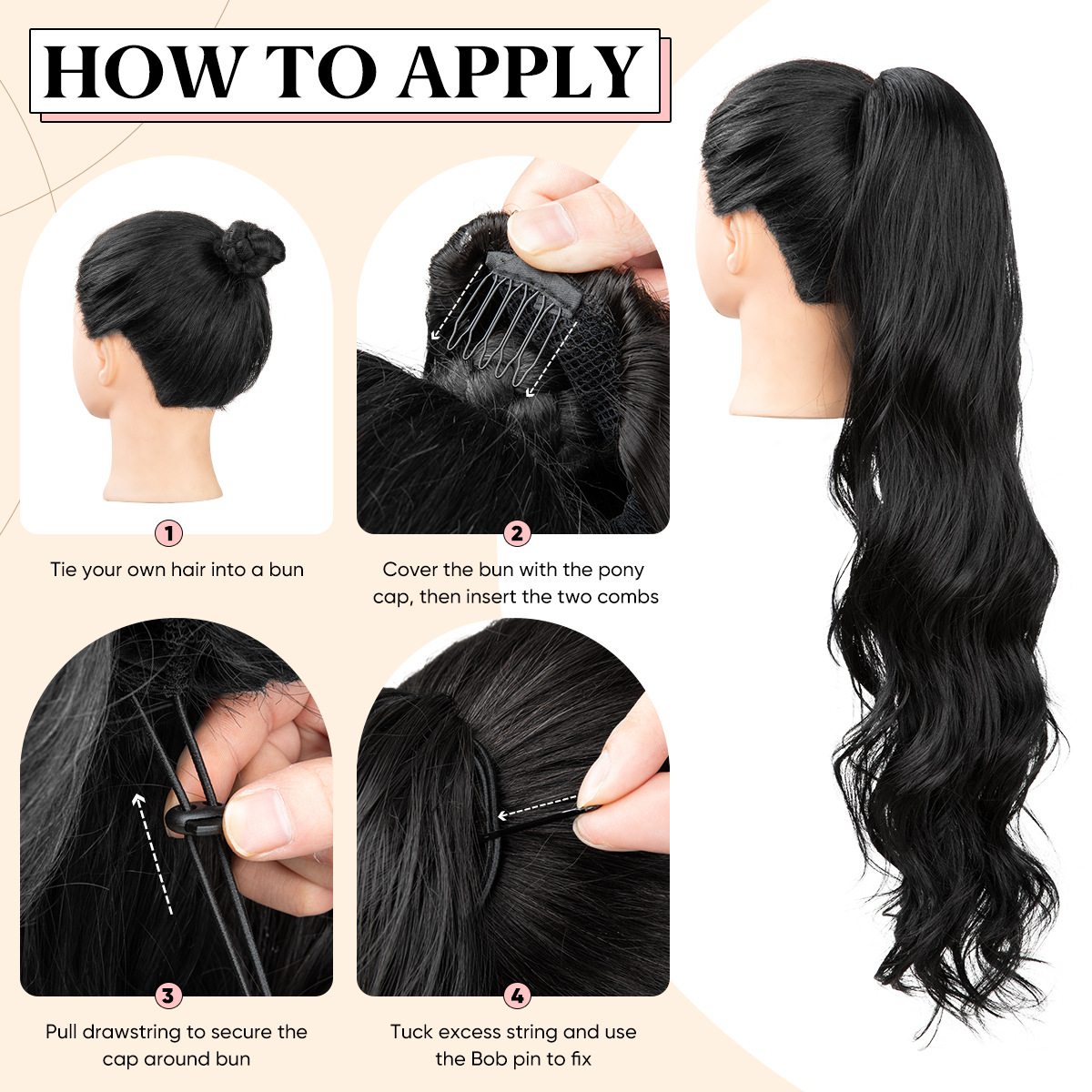 Synthetic hair for women with long curly hair drawstring style synthetic fiber high ponytails and large wave fake braids_voghion.com