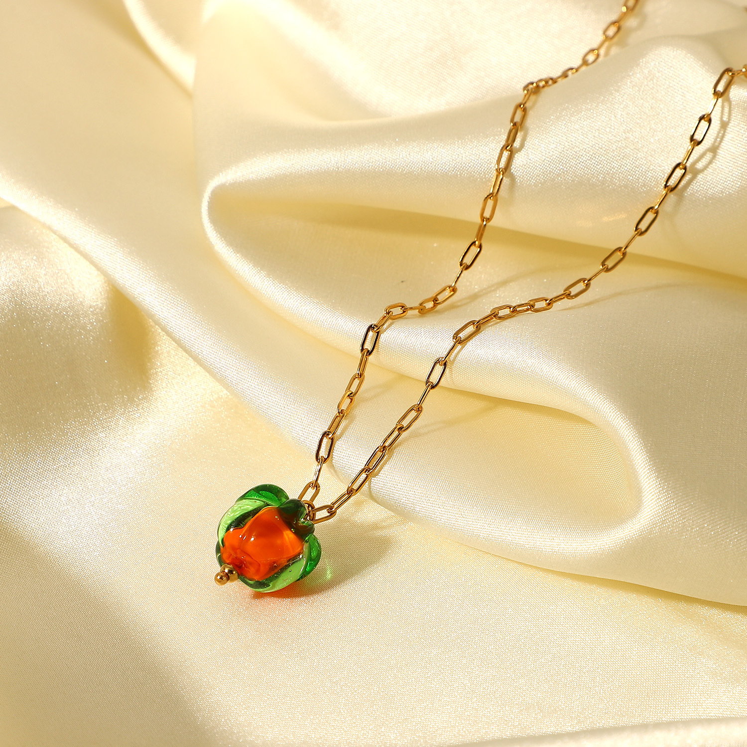 French 18k Gold Stainless Steel Cross Chain Glass Bead Persimmon Pendant Necklace display picture 4