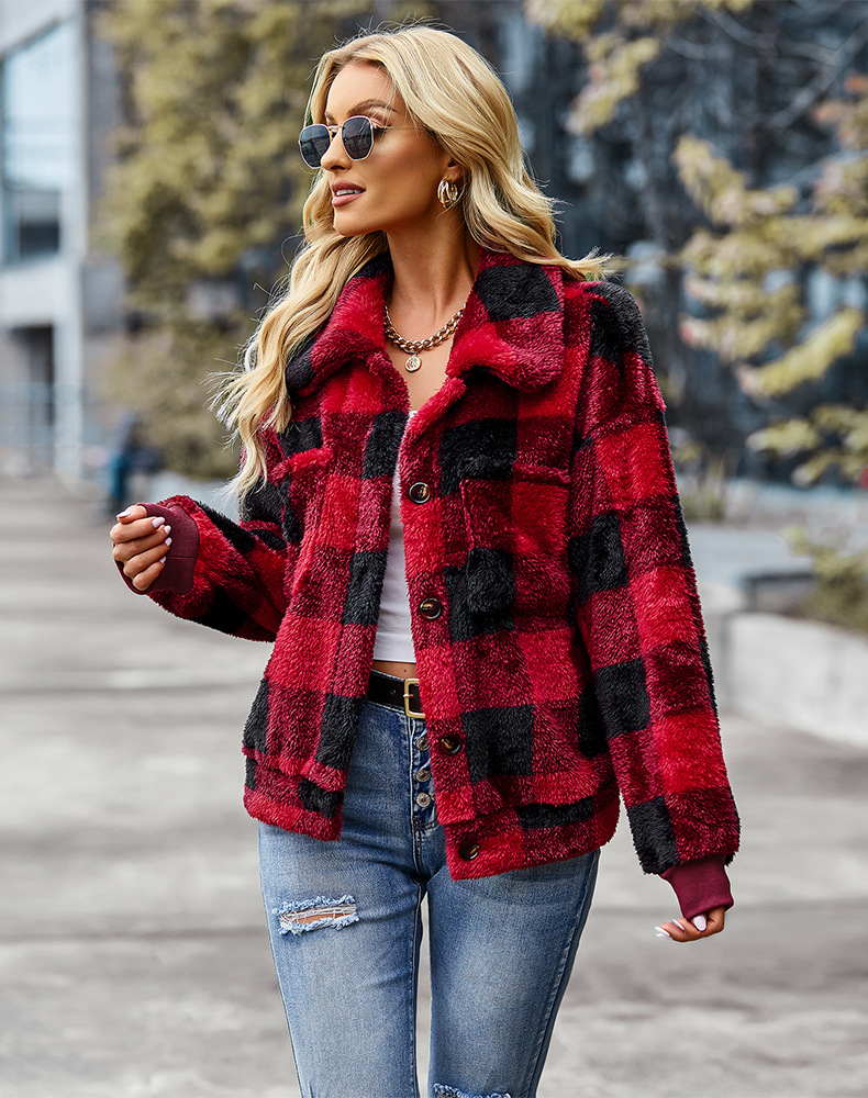 Femmes Mode Plaid Poche Unique Poitrine Manteau Manteau En Laine display picture 6