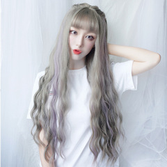 Oushuo Women's Long Wavy Hair Set with Air Bangs—Internet-Famous, Sweet & Adorable Mid-Length Curly Hair