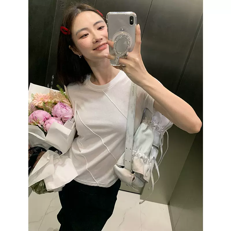 楠涛结构线条短袖T恤女2025夏季新款辣妹风设计感小众休闲上衣