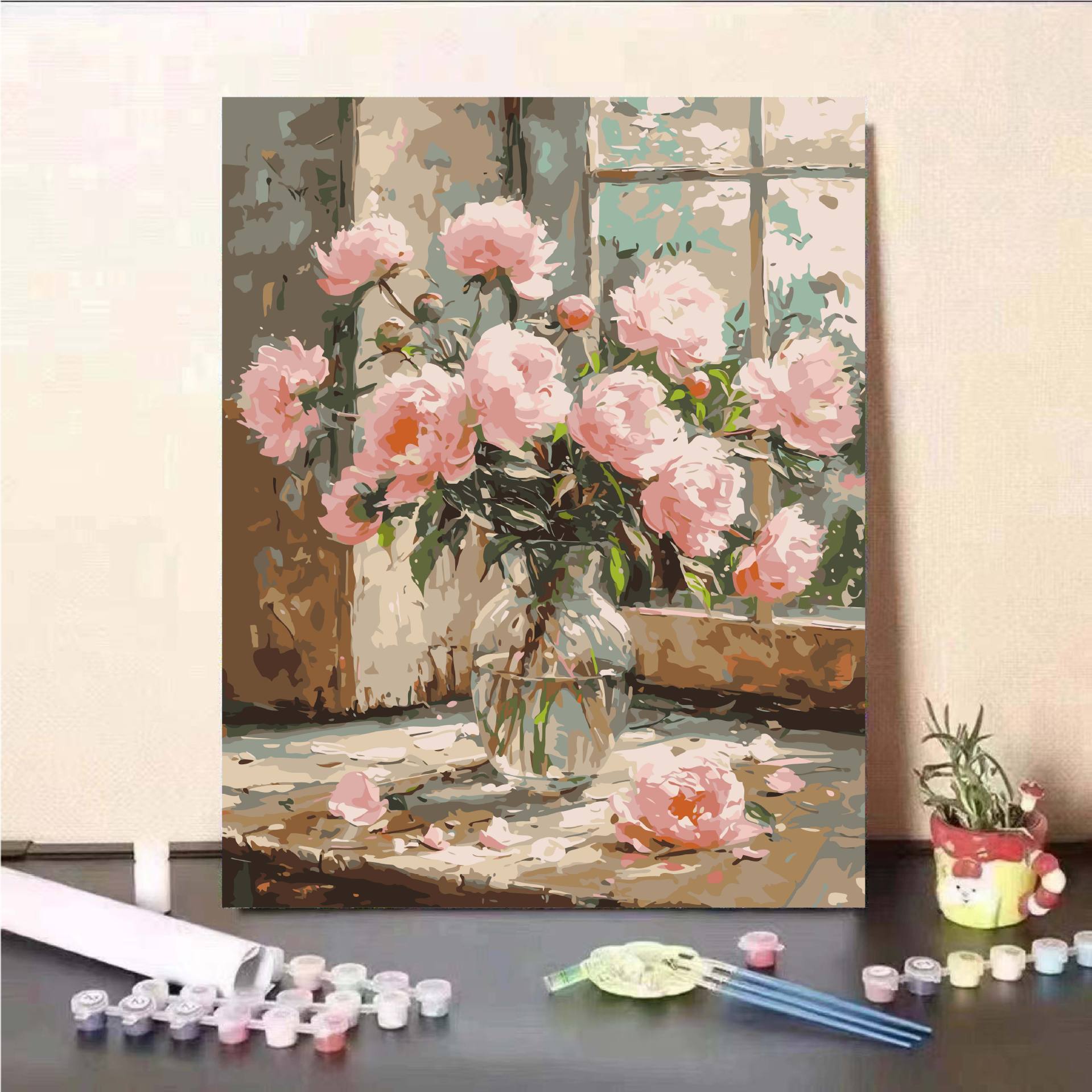 Pintura al óleo digital DIY pintura al óleo relleno floral ventana flores regalos de cumpleaños hechos a mano DIY pintura al óleo relleno moderno minimalista
