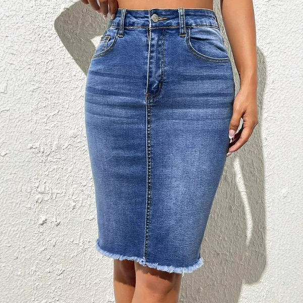 Cross-Border Exclusive Supply for Amazon Independent Sites, New Foreign Trade Elastic High-Waisted Frayed Denim Pencil Skirt