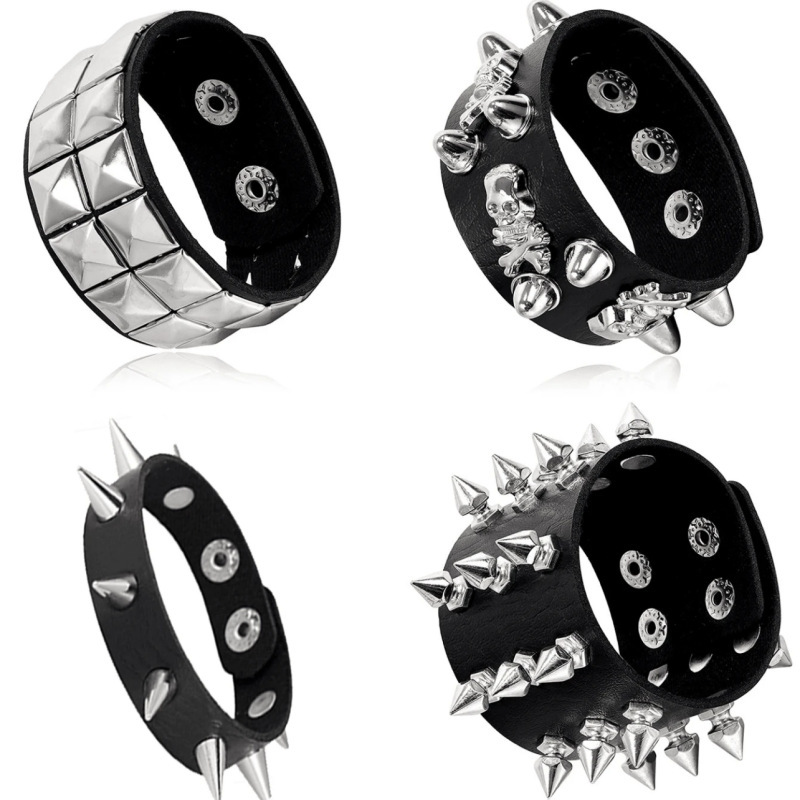 Cross-Border Combination Punk Bracelet, Cool Double-Row Square Nail Leather Bracelet, Men's Rivet Motorcycle Wrist Strap Accessories Cross-Border Combination Punk Bracelet, Cool Double-Row Square Nail Leather Bracelet, Men's Rivet Motorcycle Wrist Strap Accessories