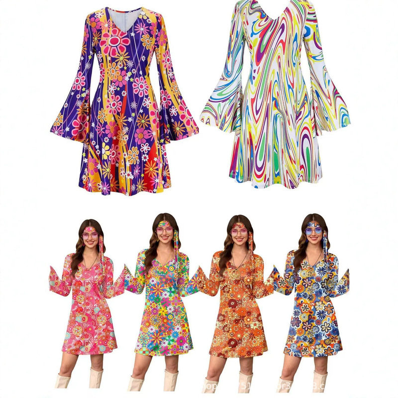 European and American Cross-Border Retro Hippie Print Dress with Long Bell Sleeves, V-Neck, Short Skirt, and Scarf, Fashionable Women's Clothing