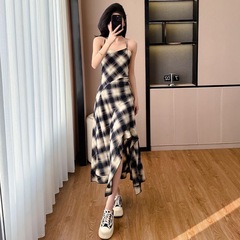 スリングドレスフレンチスタイルブラックチェック柄女性夏2025新しい高度なデザインセンス気質美しいドレス
