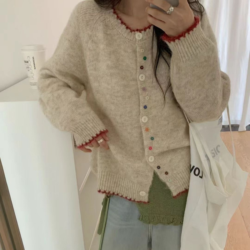 韩版彩扣撞色软糯百搭针织长袖开衫女秋冬新款宽松显瘦圆领毛衣潮|undefined