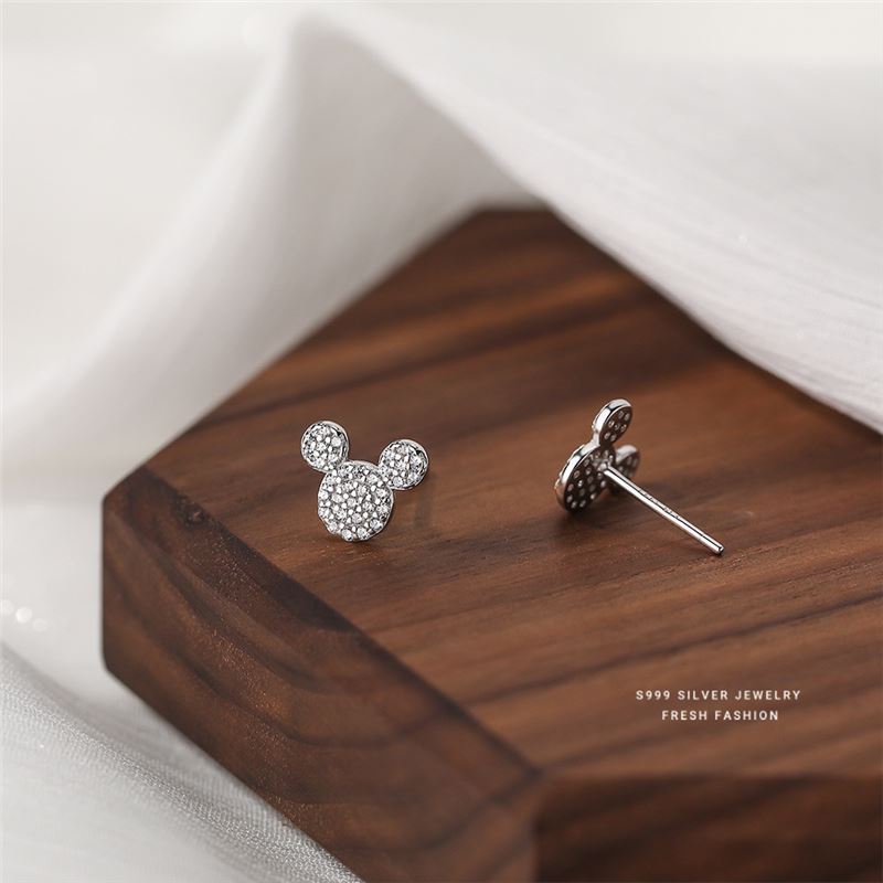S999 Silver Mouse Stud Earrings For Women Sparkling Diamond Design_voghion.com