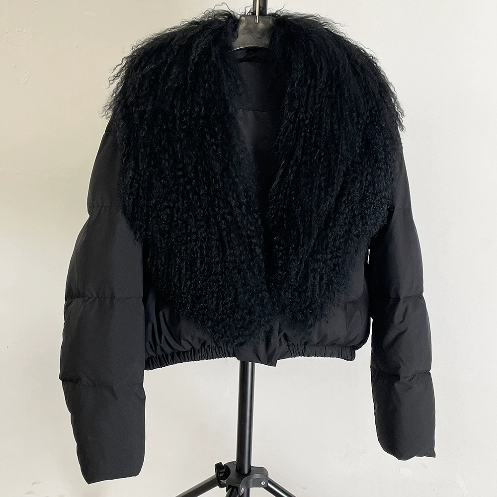 Down jacket Elite, velvet‑woolen shell, white duck down fill, detachable lamb‑wool collar