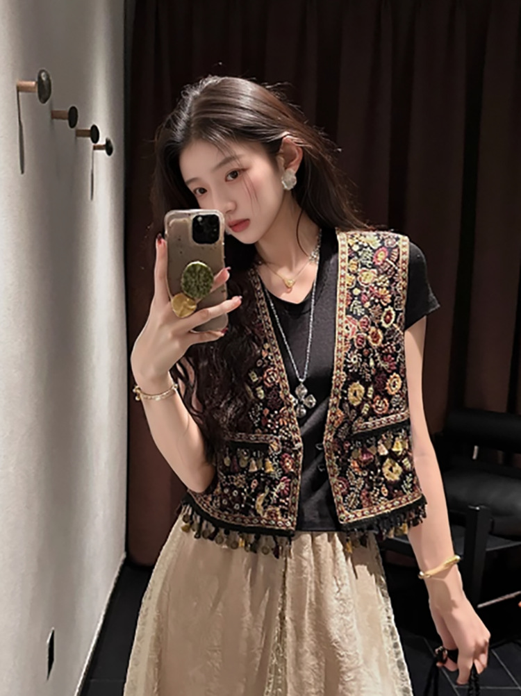 Áo vest không tay ngắn phong cách Trung Hoa thêu hoa tua rua ZX N4078 — Màu đỏ cam