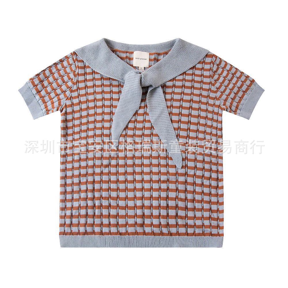 재고 KP 그레이 다크 브라운 니트 네이비 칼라 탑