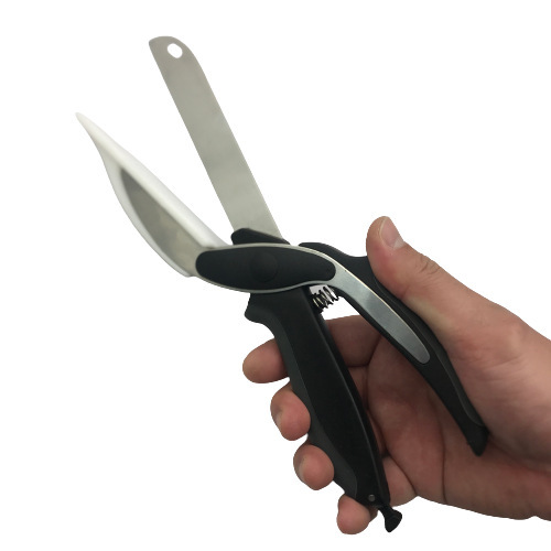 Tijeras para alimentos y verduras 2 en 1, cuchillo inteligente de acero inoxidable con resorte, herramienta de cocina multifuncional para el hogar, portátil.