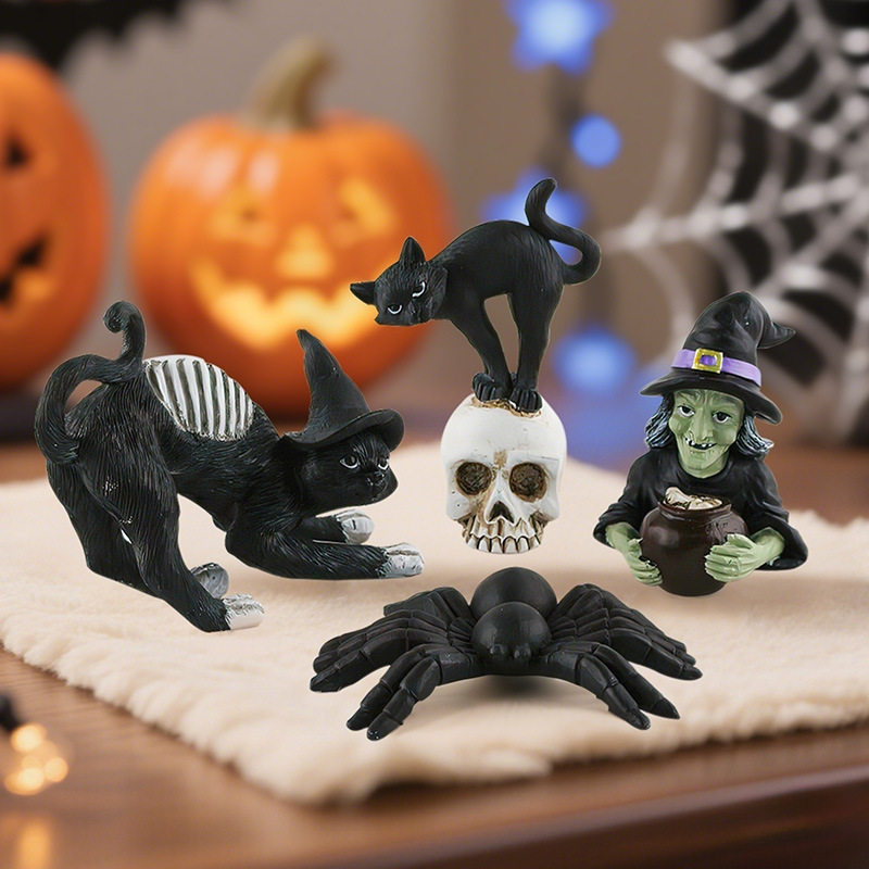 New Halloween Creative Skull Black Cat Witch Spider Resin Small Ornaments Desktop Horror Atmosphere Decoration