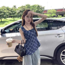 蓝格子无袖复古镂空背心衬衫女夏季2025新款收腰显瘦方领外穿上衣