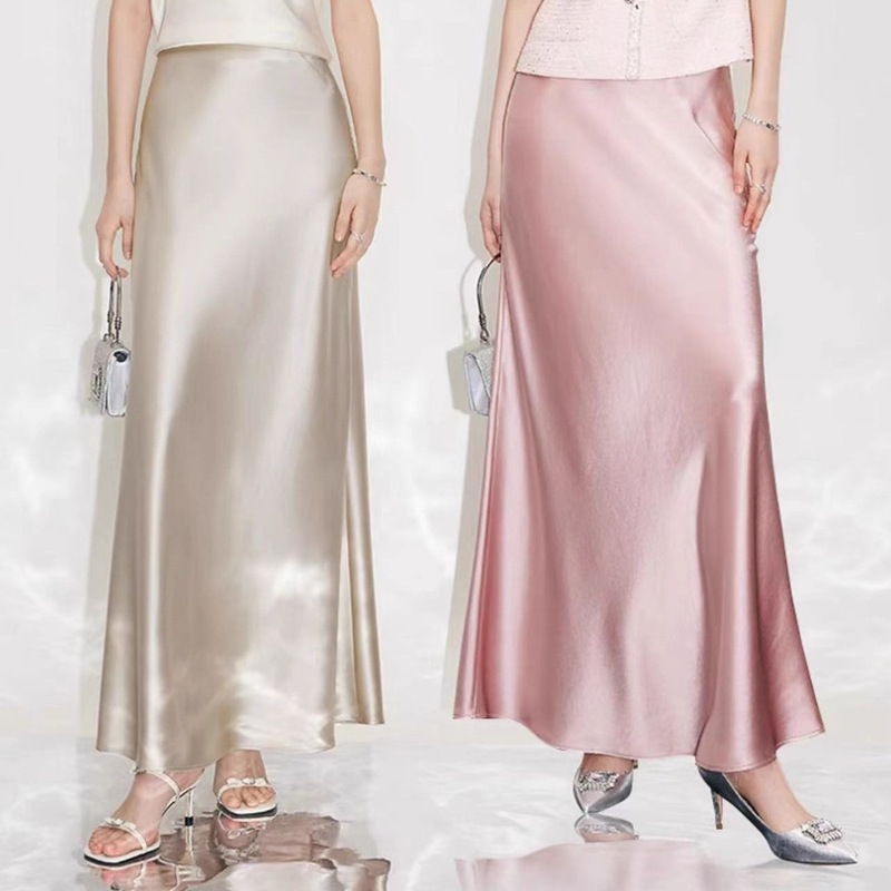 Glossy Mermaid-Style Heavy Acetate Satin Skirt, Extended Pink Fishtail Skirt, Women's Long A-Line Skirt Glossy Mermaid-Style Heavy Acetate Satin Skirt, Extended Pink Fishtail Skirt, Women's Long A-Line Skirt