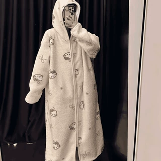 2026新款连帽米粒绒睡袍女秋季加厚长款情侣可外穿女家居服加厚