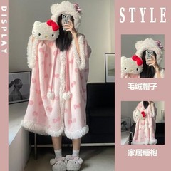 Kitty猫寝衣女冬型帽子マントネット赤起爆金長毛ベルベット保温冬寝衣a