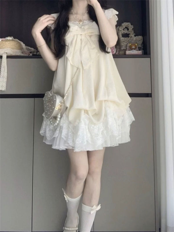 2025 夏の新フレンチスタイルの優しいスタイルのリボン小さなフライングスリーブドレス女子学生のためのルーズスリムフラワースカート|undefined