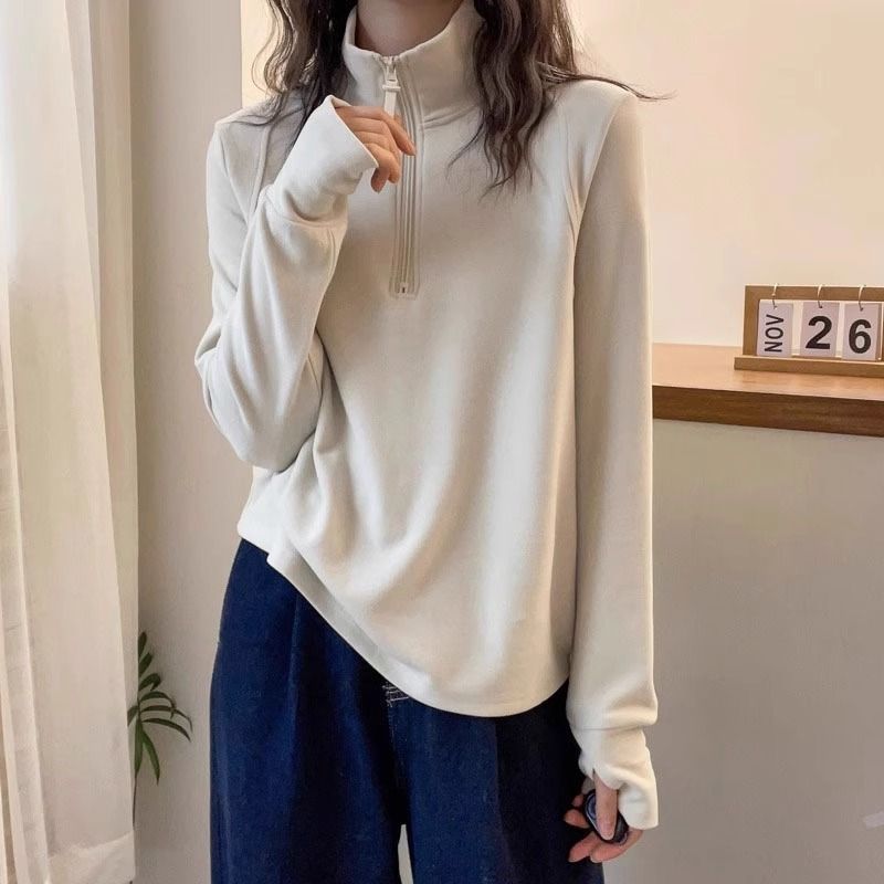 2025春季新款半拉链立领长袖T恤女宽松上衣黑色内搭德绒打底小衫