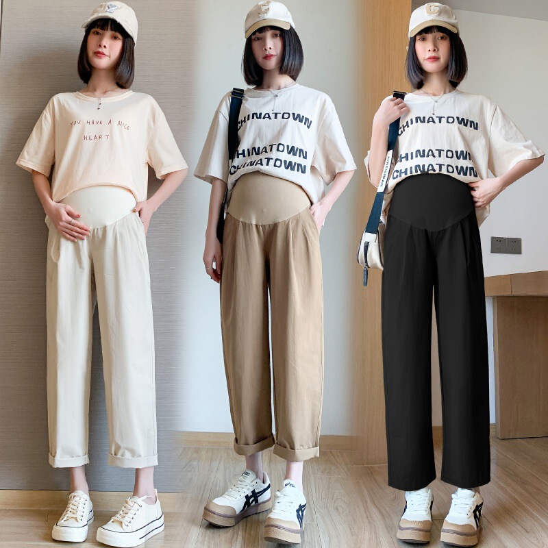 Pregnant women's pants 2024 summer loose plus size slim wide leg pants overalls casual radish pants dad pants