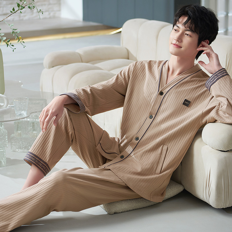 朝兴春秋季情侣家居服V领开衫纯棉拉架时尚简约可外穿男睡衣女