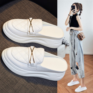 2023 Summer New Genuine Leather Platform Height Increased Half Slippers Women's Lazy Slip-on Sandals Women's Casual Loafers