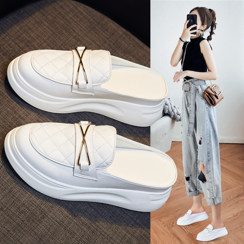 Women's Summer Breathable Genuine Leather Thick-Soled Height-Increasing Slippers for Outer Wear New Style Lazy Slip-On Casual Sandals for Women Women's Summer Breathable Genuine Leather Thick-Soled Height-Increasing Slippers for Outer Wear New Style Lazy Slip-On Casual Sandals for Women