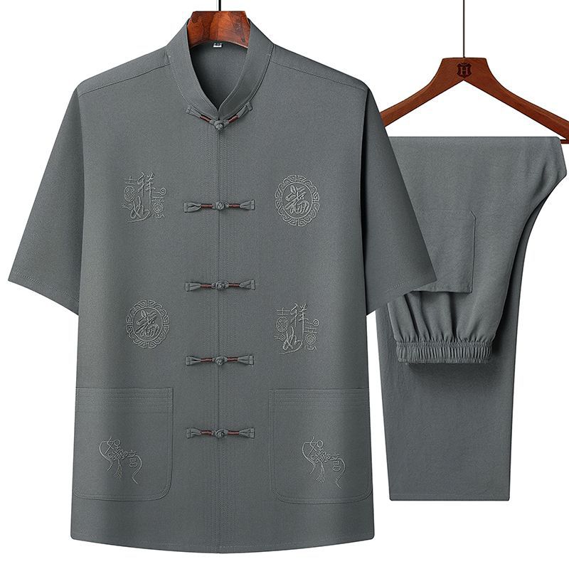 Cotton and linen Tang suit men's short-sleeved suit, summer middle-aged and elderly father's clothing, Chinese style men's clothing, new Chinese Tai Chi uniform