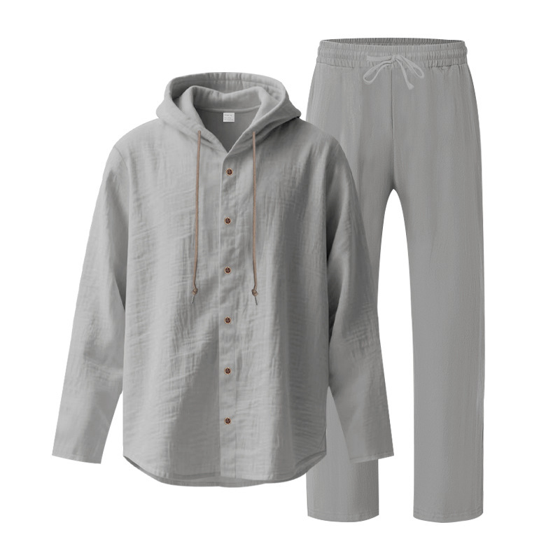 Men's Casual Breathable Linen Hooded Long Sleeve Shirt Cardigan Spring Summer Style Loose Fit Set_viptrois.com