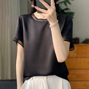 Satin Silk Short-Sleeved Shirt for Women 2025 Summer New Round Neck T-Shirt Acetate Silk Half-Sleeved Inner Top