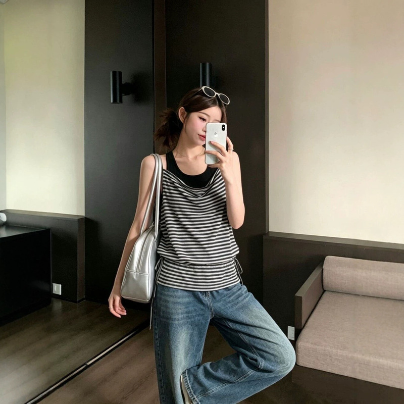 Summer Korean-Style Relaxed Striped Sleeveless Vest, Loose and Slimming, Versatile Design, Two-Piece Set, Niche Top for Women