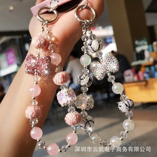 Advanced Flash Diamond Butterfly Crystal Beads Mobile Phone Chain Lanyard Wrist Short Ins Fashion Chanel Style Wrist Hanging Ornaments