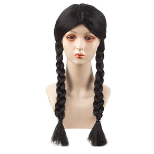 Adams Family Wednesday Black Mid-Bang Double Twist Halloween cos Wig