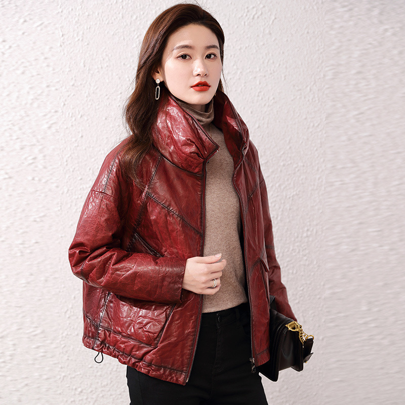 2025新款海宁真皮皮衣女牛皮羽绒服宽松短款高端立领外套冬加厚