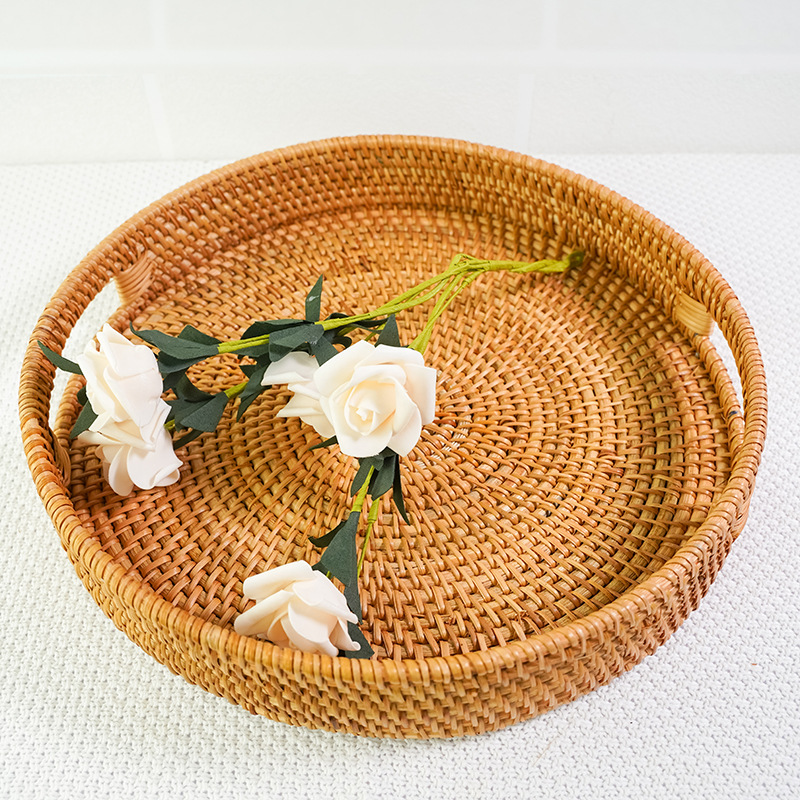 Rattan oval dessert tray handmade round ears Japanese fruit tea tray handle storage basket manufacturer wholesale