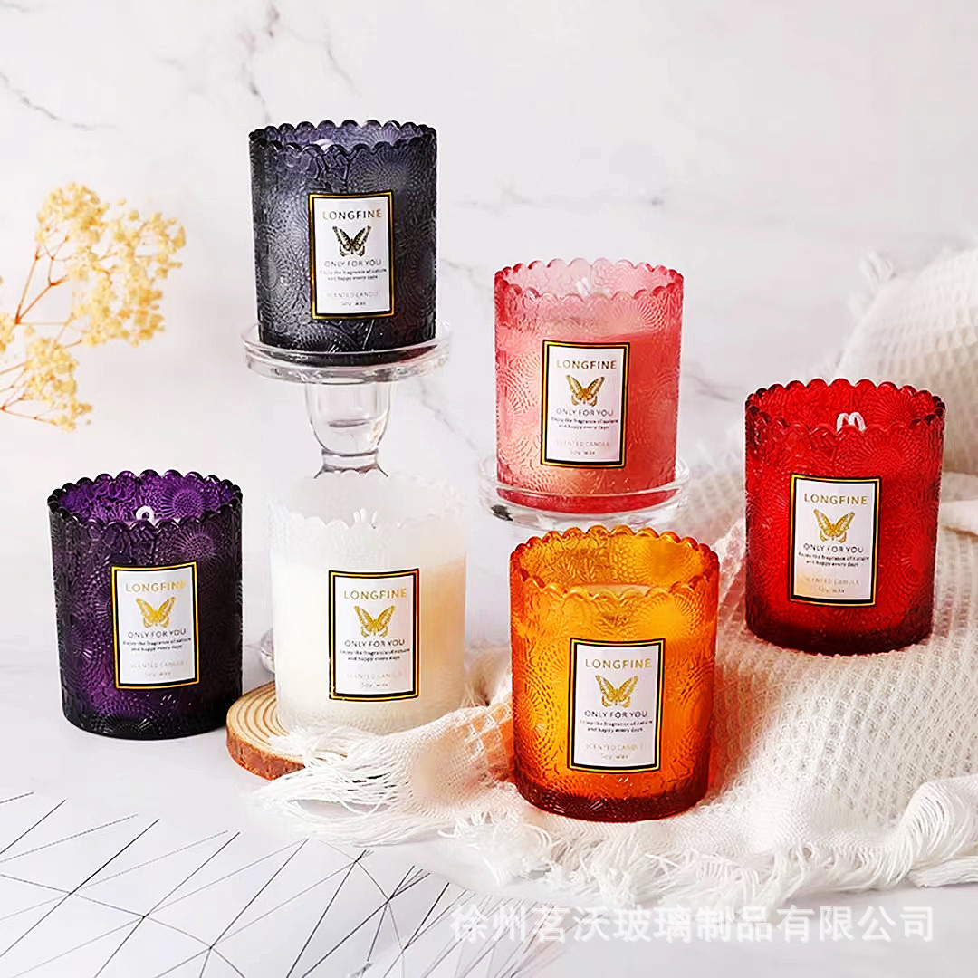 彩色香薰蜡烛杯花边玻璃空杯DIY生日结婚浪漫礼品蕾丝边浮雕烛台