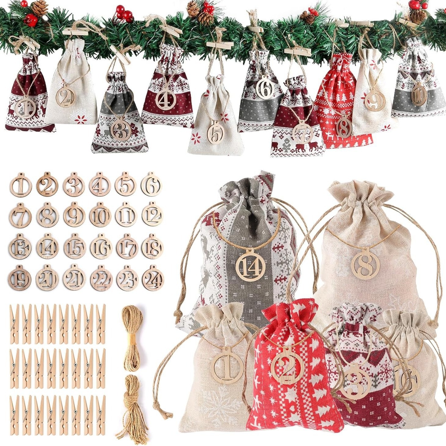圣诞棉麻抽绳束口袋 圣诞节麻布礼品袋套装 创意日历糖果礼物袋子