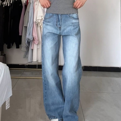 High-Heeled Vintage Blue High-Waisted Women's Summer Straight Leg Slim Fit Flowy Wide Leg Floor-Length Pants