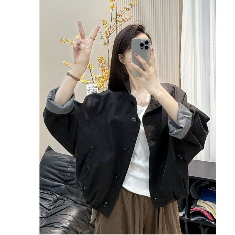 立领夹克休闲时尚外套2025新款宽松休闲内里条纹短款外套风衣上衣|undefined